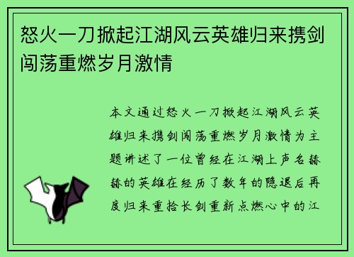 怒火一刀掀起江湖风云英雄归来携剑闯荡重燃岁月激情